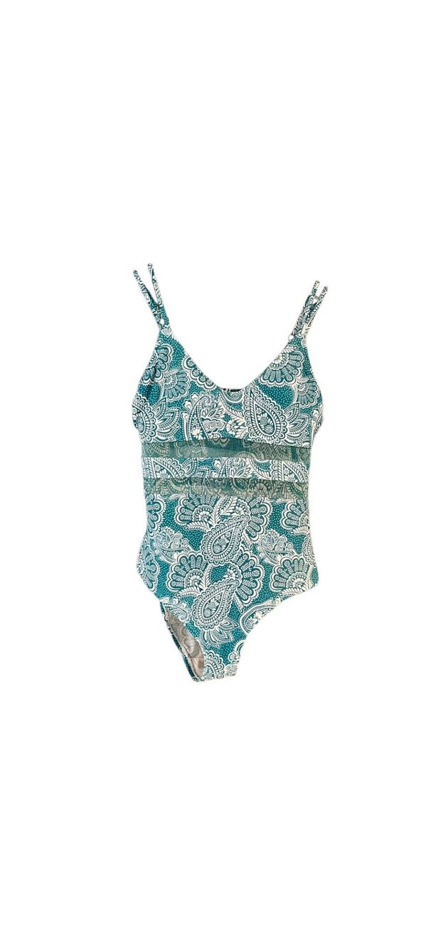 Kona Sol teal and white floral one piece swimsuit with sheer banded middle - S